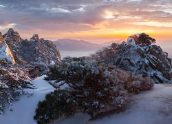 Zima, Góry, Góra Dobongsan, Park Narodowy Bukhansan, Skały, Drzewa, Roślinność, Mgła, Wschód słońca, Chmury, Korea Południowa