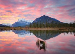 Jezioro, Vermilion Lakes, Góra, Mount Rundle, Góry, Drzewa, Chmury, Odbicie, Park Narodowy Banff, Prowincja Alberta, Kanada