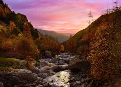 Zachód słońca, Góry, Jesień, Rzeka, Gordolasque River, Drzewa, Kamienie, Francja