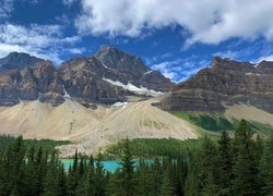 Kanada, Alberta, Park Narodowy Banff, Góry, Canadian Rockies, Jezioro, Bow Lake, Drzewa