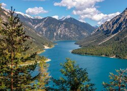 Góry, Jezioro, Plansse, Drzewa, Sosny, Austria