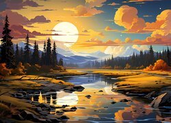 Góry i rzeka w blasku zachodzącego słońca