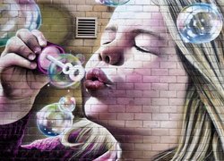 Street art, Ściana, Dziewczynka, Bańki