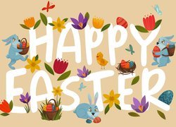 Wielkanoc, Zajączki, Napis, Happy Easter, 2D