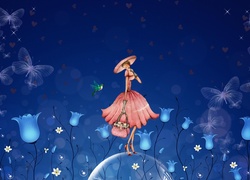 Grafika 2D z kobietą pośród kwiatów i motyli
