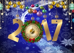 Grafika noworoczna 2017 z zegarem i wiszącymi kolorowymi bombkami