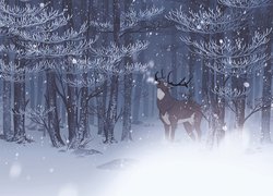 Grafika z jeleniem w lesie zimą