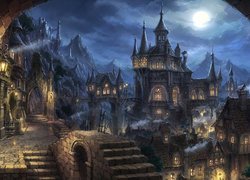Zamek, Noc, Księżyc, Góry, Fantasy