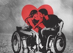 Grafika zakochanych na wózkach inwalidzkich w deszczu