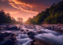 Rzeka Rioni, Kamienie, Las, Drzewa, Wschód słońca, Chmury, Region Racza-Leczchumi, Gruzja