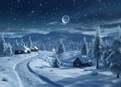 Zima, Droga, Drzewa, Domy, Księżyc, Noc, 2D