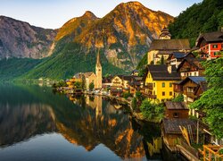 Austria, Hallstatt, Góry, Jezioro, Domy, Kościół, Drzewa, Odbicie