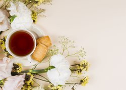 Herbata, Filiżanka, Spodek, Ciasteczka, Kwiaty, Goździki