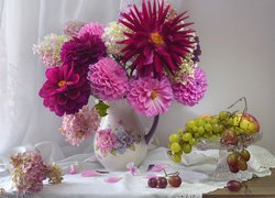 Kwiaty, Dzbanek, Dalie, Hortensje, Winogrona, Jabłka