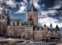 Kanada, Quebec, Zamek, Hotel, Chateau Frontenac, Zima, Niebo, Chmury