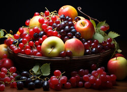 Jabłka i winogrona w koszu i obok na czarnym tle