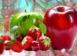Owoce, Jabłka, Truskawki, Wiśnie, Grafika