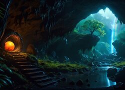 Jaskinia z rozświetlonymi schodami i rzeką