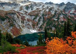 Góry, Jezioro, Drzewa, Jesień, Park Narodowy Północnych Gór Kaskadowych, Stan Waszyngton, Stany Zjednoczone
