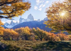 Argentyna, Patagonia, Góry, Fitz Roy, Jesień, Drzewa, Promienie słońca