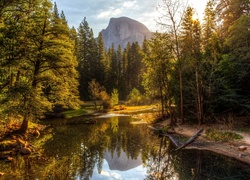 Jesienne drzewa nad rzeką i góra Half Dome w Parku Narodowym Yosemite w Kaliforni