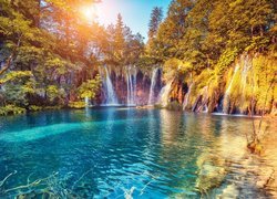 Chorwacja, Jezioro, Drzewa, Wodospady, Roślinność, Wschód słońca, Park Narodowy Jezior Plitwickich