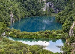 Chorwacja, Jeziora, Drzewa, Skały, Roślinność, Park Narodowy Jezior Plitwickich