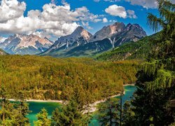 Góry, Alpy, Jezioro Blindsee, Lasy, Drzewa, Chmury, Tyrol, Austria