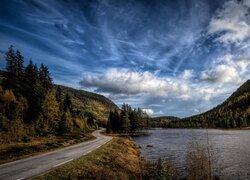 Zalesione, Góry, Jezioro, Bondhusvatnet Lake, Droga, Drzewa, Niebo, Chmury, Kvinnherad, Norwegia