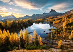 Jezioro, Federa Lake, Góry, Dolomity, Las, Drzewa, Jesień, Wschód słońca, Mgła, Chmury, Prowincja Belluno, Włochy