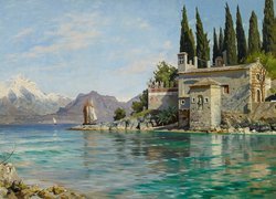 Malarstwo, Peder Monsted, Punta San Vigilio, Jezioro Garda, Włochy, Góry, Żaglówki, Drzewa, Dom, Skały