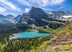 Jezioro, Grinnell Lake, Park Narodowy Glacier, Góry, Drzewa, Skały, Stan Montana, Stany Zjednoczone