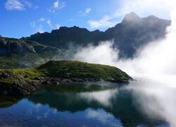 Góry, Pireneje, Jezioro, Lac du Miey, Mgła, Francja