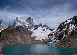 Argentyna, Patagonia, Góry, Śnieg, Jezioro, Lagoon de los Tres, Niebo