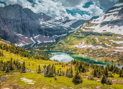 Góry Skaliste, Jezioro, Lake McDonald, Drzewa, Park Narodowy Glacier, Stan Montana, Stany Zjednoczone