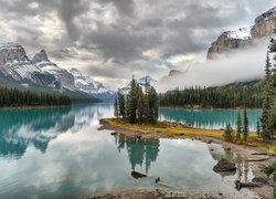 Kanada, Park Narodowy Jasper, Jezioro Maligne, Wyspa Ducha, Góry, Mgła, Drzewa