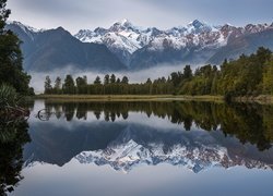 Park Narodowy Góry Cooka, Góry, Drzewa, Mgła, Odbicie, Jezioro Matheson, Góra Cooka, Nowa Zelandia