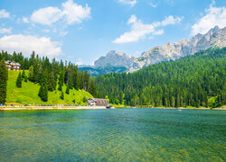 Góry, Dolomity, Drzewa, Jezioro, Misurina Lake, Włochy