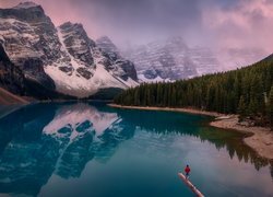 Park Narodowy Banff, Jezioro, Moraine lake, Dolina Dziesięciu Szczytów, Góry, Canadian Rockies, Drzewa, Konar, Człowiek, Alberta, Kanada