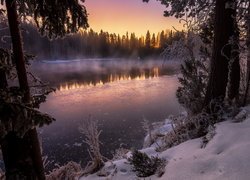 Wschód słońca, Zima, Śnieg, Lód, Mgła, Jezioro, Kapeenkoski, Finlandia