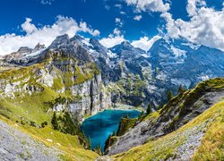 Szwajcaria, Góry, Alpy Berneńskie, Kanton Berno, Jezioro Oeschinen, Niebo, Obłoki