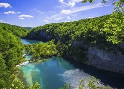 Chorwacja, Jezioro, Drzewa, Skały, Roślinność, Park Narodowy Jezior Plitwickich, Chmury