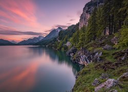 Szwajcaria, Dolina Engadyna, Góry, Jezioro Silsersee, Las, Drzewa, Zachód słońca