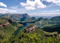 Góry Smocze, Kanion, Rzeka, Blyde River, Lasy, Drzewa, Chmury, Prowincja Mpumalanga, Republika Południowej Afryki