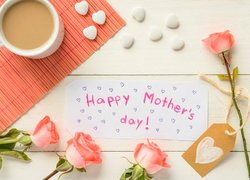 Kawa, Róże, Serduszka, Kartka, Napis, Happy Mothers Day, Deski, Dzień Matki