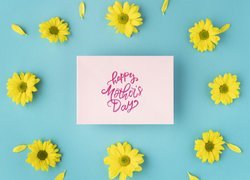 Dzień Matki, Żółte, Kwiaty, Kartka, Napis, Happy Mothers Day, Niebieskie, Tło