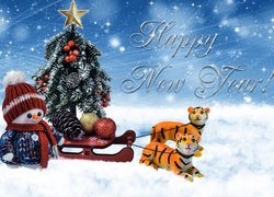 Nowy Rok, Napis, Happy New Year, Sanie, Choinka, Bombki, Szyszka, Dwa, Tygrysy, Bałwanek