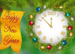 Kartka z życzeniami noworocznymi na gałązce obok zegara