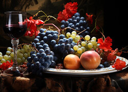 Kieliszek z winem obok jasnych i ciemnych winogron na paterze