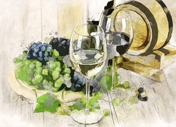 Kiście winogron obok kieliszków z winem i antałka